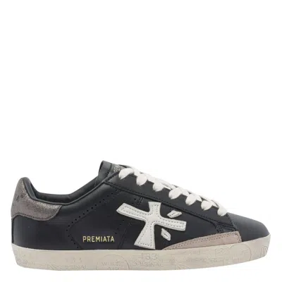 Premiata Casual Low Top Sneakers With Contrast Sole In Black
