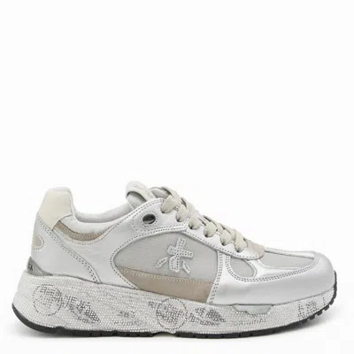 Premiata Metallic Low Top Sneakers With Textured Sole In Silver