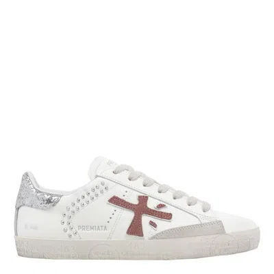Premiata Glitter Leather Sneakers Stud Embellishments In White