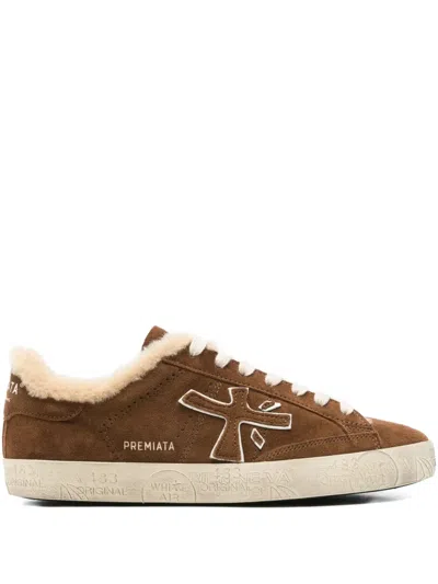 Premiata Steven Faux-fur Trimmed Sneakers In Brown