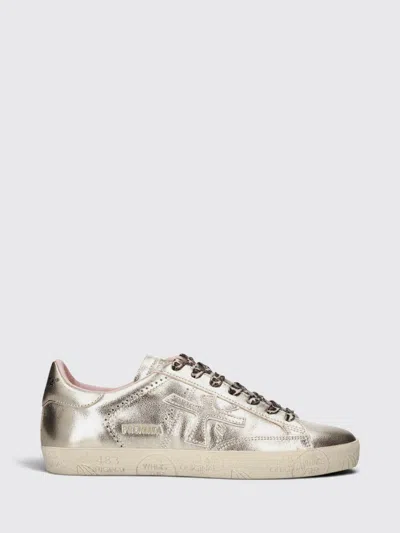 Premiata Stevend Calfskin Sneakers With Contrasting Details And Logo In Gold