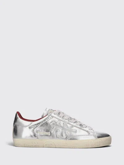 Premiata Stevend Calfskin Sneakers With Contrasting Details And Logo In Silver
