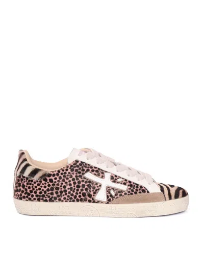 Premiata Textured Hairy Calf Leather Sneakers With Modern Silhouette In Animal Print