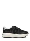 Premiata Textured Leather And Mesh Sneakers With Sole In Black