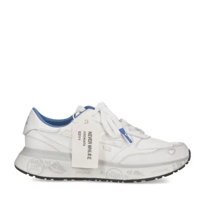 Premiata White Leather Blue Accent Sneakers