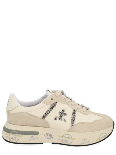 Premiata White Sneakers With Calf Leather And Rhinestone Laces In Multi