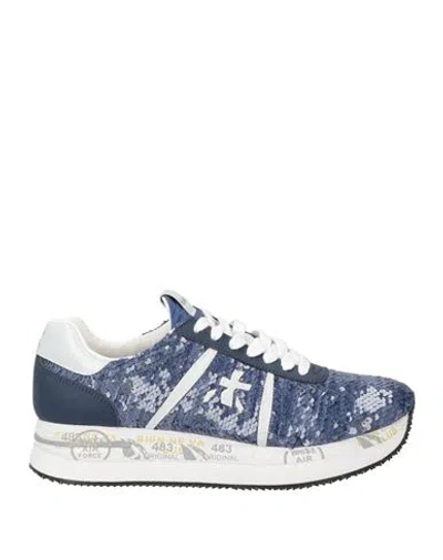 Premiata Woman Sneakers Bright Blue Size 8 Leather, Synthetic Material, Textile Fibers