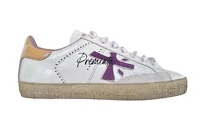 Pre-owned Premiata Women's Sneakers Shoes In Vintage Leather Stevend_6659 White-purple