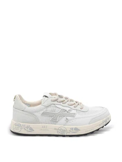 Premiata Nous Mesh Calf Leather Printed Sneakers In White