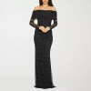 Premier Amour Off The Shoulder Womens Pearl Trim Long Sleeve Evening Gown In Black