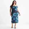 Premier Amour Off The Shoulder Womens Plus Short Sleeve Midi Floral Sheath Dress In Blue