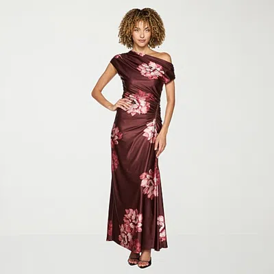 Premier Amour Womens Asymmetrical Neck Sleeveless One Shoulder Floral Evening Gown In Brown