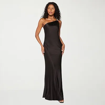 Premier Amour Womens Asymmetrical Neck Sleeveless One Shoulder Satin Evening Gown In Black