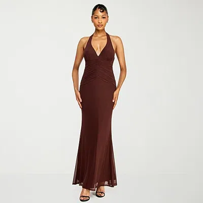 Premier Amour Womens Halter Neck Sleeveless Evening Gown In Brown