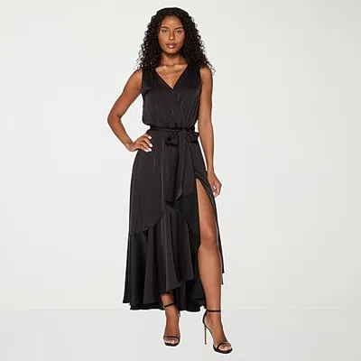 Premier Amour Womens High-low V Neck Sleeveless Satin Evening Gown In Black