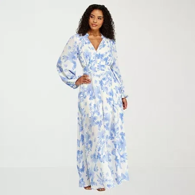 Premier Amour Womens Long Sleeve Floral Maxi Dress In Blue