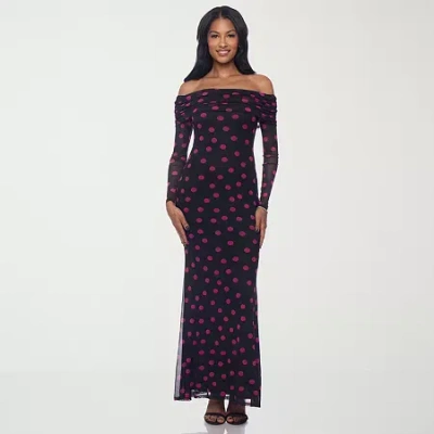 Premier Amour Womens Long Sleeve Polka Dot Maxi Dress In Black