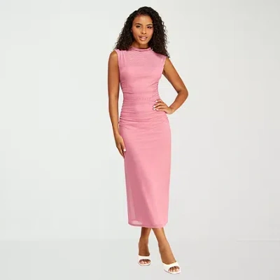 Premier Amour Womens Midi Mock Neck Sleeveless Sheath Dress In Pink