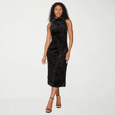Premier Amour Womens Midi Mock Neck Sleeveless Velvet Floral Sheath Dress In Black