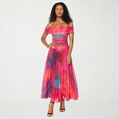 Premier Amour Womens Midi Straight Neck Sleeveless Off The Shoulder Tonal Fit + Flare Dress In Pink