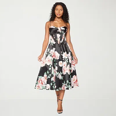 Premier Amour Womens Midi Sweetheart Neck Sleeveless Satin Floral Fit + Flare Dress In Black