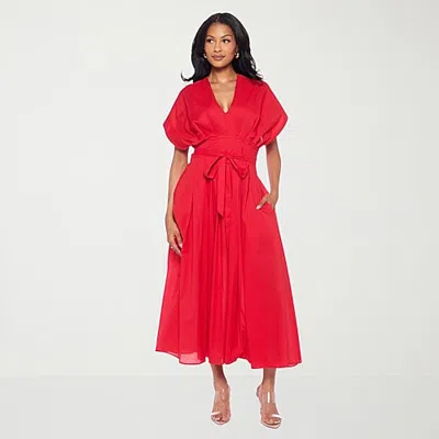 Premier Amour Womens Midi V Neck Short Sleeve Dolman Fit + Flare Dress In Red