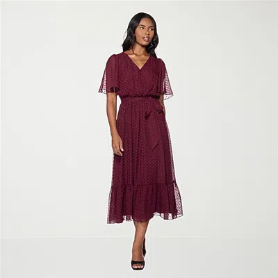 Premier Amour Womens Midi V Neck Short Sleeve Flutter Dots Fit + Flare Dress In Red