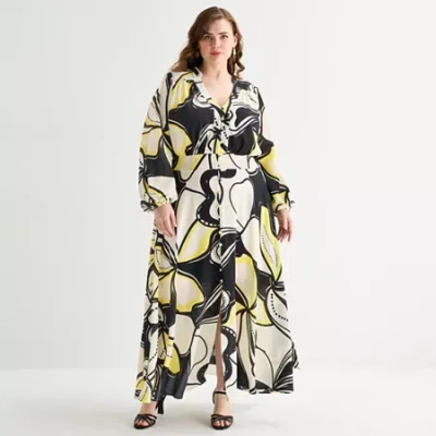 Premier Amour Womens Plus Long Sleeve Floral Maxi Dress In Black