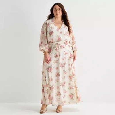 Premier Amour Womens Plus Long Sleeve Floral Maxi Dress In White