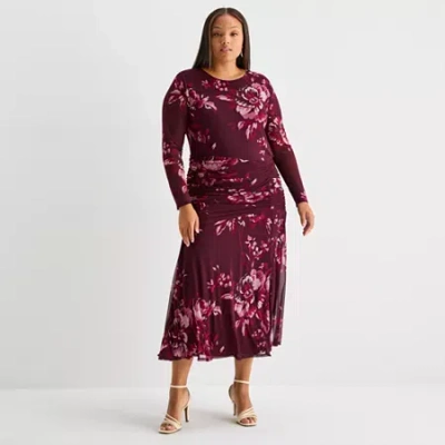 Premier Amour Womens Plus Long Sleeve Midi Floral Sheath Dress In Red