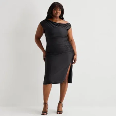 Premier Amour Womens Plus Midi Asymmetrical Neck Sleeveless Floral Sheath Dress In Black