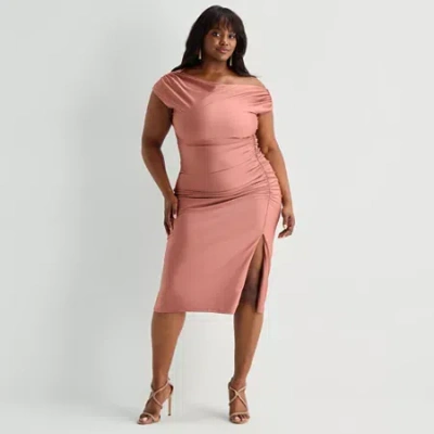 Premier Amour Womens Plus Midi Asymmetrical Neck Sleeveless Sheath Dress In Pink