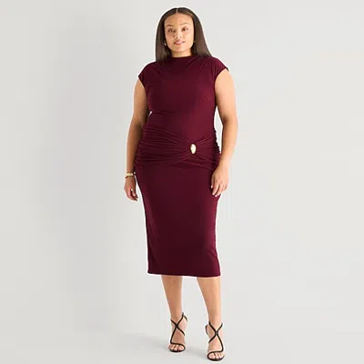 Premier Amour Womens Plus Midi Mock Neck Sleeveless Sheath Dress In Red