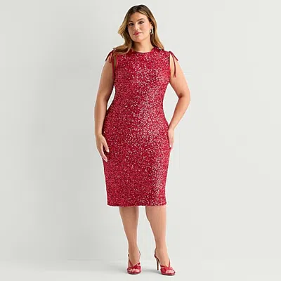 Premier Amour Womens Plus Midi Scoop Neck Sleeveless Sheath Dress In Red