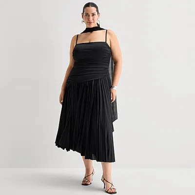 Premier Amour Womens Plus Midi Square Neck Sleeveless Fit + Flare Dress In Black