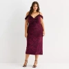 Premier Amour Womens Plus Short Sleeve Cold Shoulder Velvet Midi Sheath Dress In Red