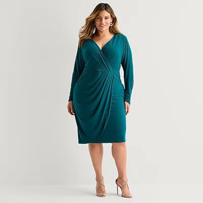 Premier Amour Womens Plus V Neck Long Sleeve Sheath Dress In Green