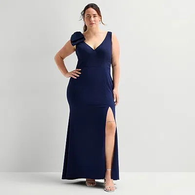 Premier Amour Womens Plus V Neck Sleeveless Evening Gown In Blue