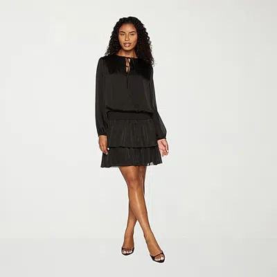 Premier Amour Womens Round Neck Long Sleeve Puffed Fit + Flare Dress In Black
