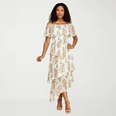 Premier Amour Womens Short Sleeve Off The Shoulder Floral Midi Fit + Flare Dress In White