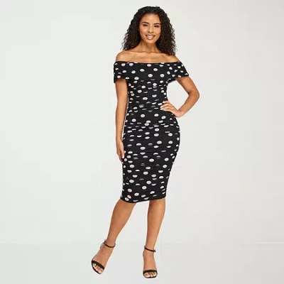 Premier Amour Womens Short Sleeve Off The Shoulder Midi Polka Dot Sheath Dress In Black