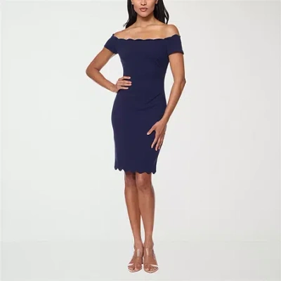 Premier Amour Womens Straight Neck Short Sleeve Scalloped Sheath Dress In Blue