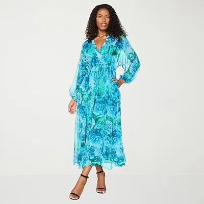 Premier Amour Womens V Neck Long Sleeve Puffed Chiffon Maxi Dress In Green