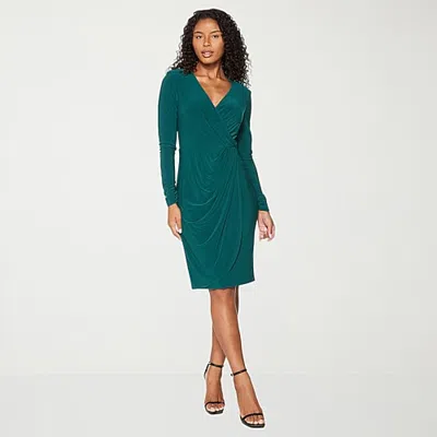 Premier Amour Womens V Neck Long Sleeve Sheath Dress In Green