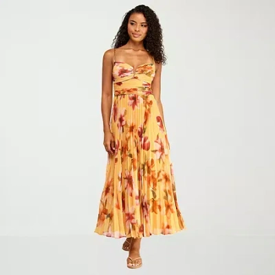 Premier Amour Womens V Neck Sleeveless Floral Evening Gown In Yellow