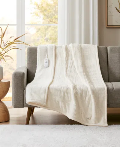 Premier Comfort Heated Waffle To Sherpa Throw, 50" X 60" In White