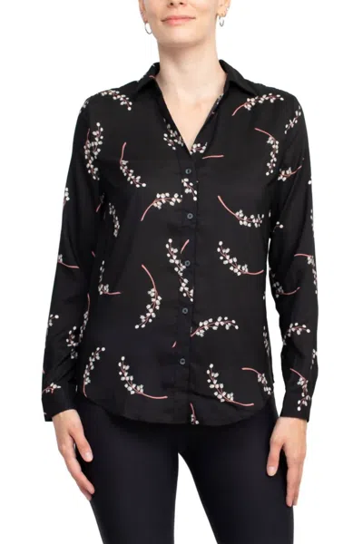 Premise Collar Neck Button Detail Long Sleeve Printed Crepe Top In Black White