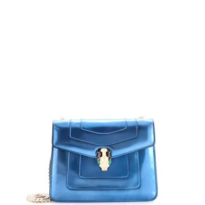 Pre-owned Bvlgari  Bvlgari Serpenti Forever Square Shoulder Bag Metallic Leather Small In Blue
