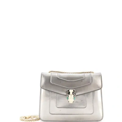 Pre-owned Bvlgari  Bvlgari Serpenti Forever Square Shoulder Bag Metallic Leather Small In Metallic Silver