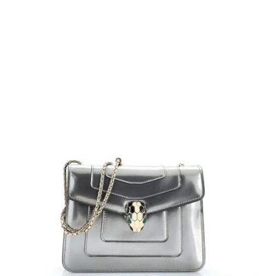 Pre-owned Bvlgari  Bvlgari Serpenti Forever Square Shoulder Bag Metallic Leather Small In Silver